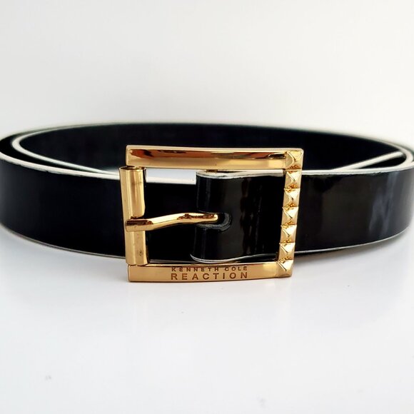 Women's Black Patent Belt KENNETH COLE White Trim Faux Leather Office Career - Picture 3 of 8